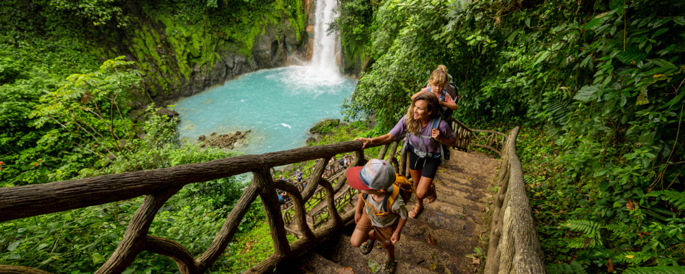 Family at a waterfall